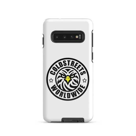 White phone case for Samsung Galaxy S20, S21, S22 featuring Coldstreets Worldwide logo