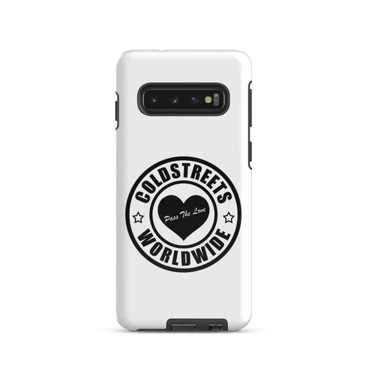 White phone case with Coldstreets Worldwide logo, compatible with Samsung Galaxy S20, S21, S22