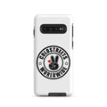 White phone case for Samsung Galaxy S20, S21, S22 with peace sign logo and Coldstreet Worldwide