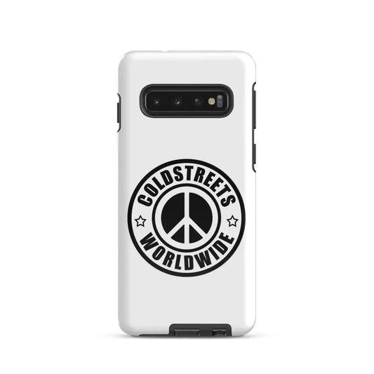 White phone case with black peace sign logo and Coldstreets Worldwide for Samsung Galaxy S21