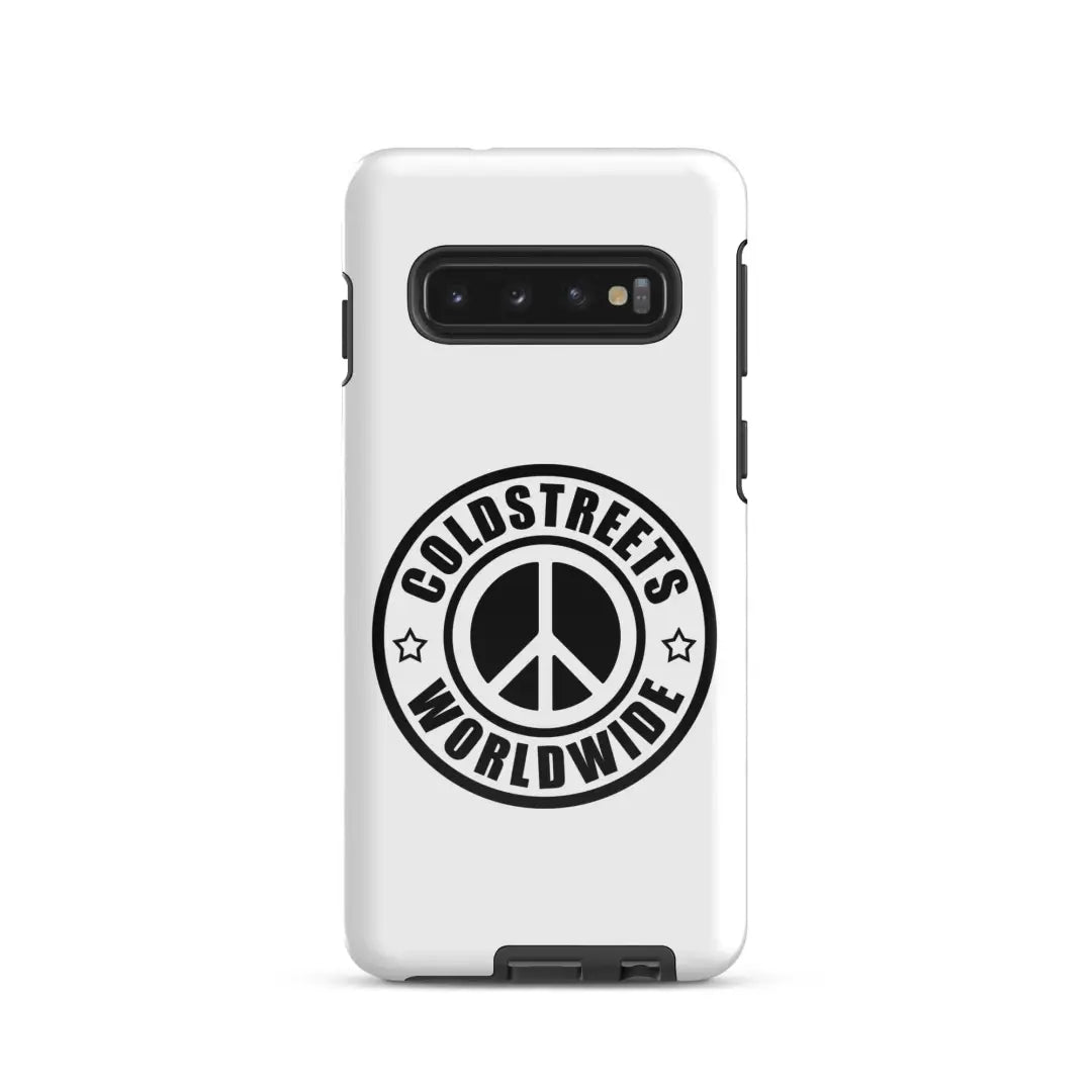 White phone case with black peace sign logo and Coldstreets Worldwide for Samsung Galaxy S21