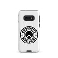 White phone case for Samsung Galaxy S20, S21, S22 with black peace logo and Coldstreets Worldwide text