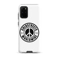 White phone case with black peace logo and COLDSTREETS WORLDWIDE for Samsung Galaxy S20, S21, S22