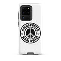 White phone case with black Coldstreets Worldwide logo and peace symbol for Samsung Galaxy S20 S21 S22