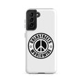 White phone case for Samsung Galaxy S20, S21, and S22 with peace logo and Coldstress Worldwide