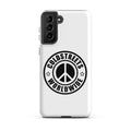 White phone case with Coldstreets Worldwide logo and peace symbol for Samsung Galaxy S20, S21, S22