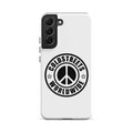 White phone case with black peace sign logo for Samsung Galaxy S20, S21, S22