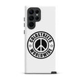 White phone case with Coldstreets Worldwide logo and peace symbol for Samsung Galaxy S20, S21, S22