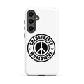 White phone case for Samsung Galaxy S20, S21, S22 with peace logo and Coldstreets Worldwide