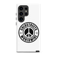 White phone case with peace logo and COLDSTREETS WORLDWIDE for Samsung Galaxy S20 S21 S22