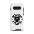 White phone case with black smiley logo and Coldstreets Worldwide for Samsung Galaxy S20, S21, S22