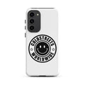 White phone case with black smiley logo for Samsung Galaxy S20, S21, S22 by CS Clothing Co