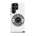 White phone case with black smiley logo and COLDSTREETS WORLDWIDE for Samsung Galaxy S20 S21 S22