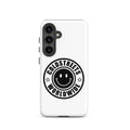 White phone case for Samsung Galaxy S20, S21, S22 with black smiley logo and COLDSTREET WORLDWIDE text