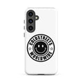 White phone case with black smiley logo for Samsung Galaxy S20, S21, S22 by CS Clothing Co