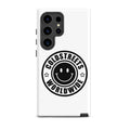 White phone case for Samsung Galaxy S20 S21 S22 with black smiley logo and text