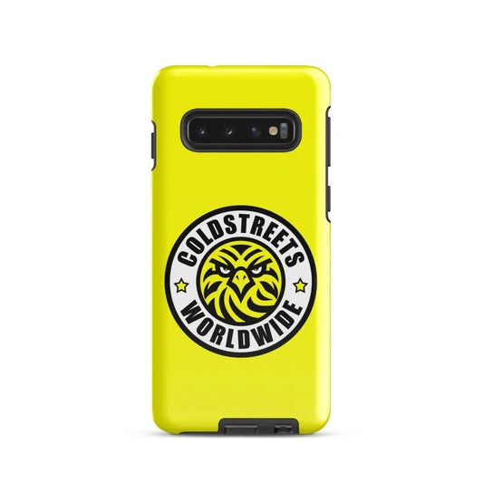 Yellow phone case with Coldstreets Worldwide logo for Samsung Galaxy S20, S21, S22