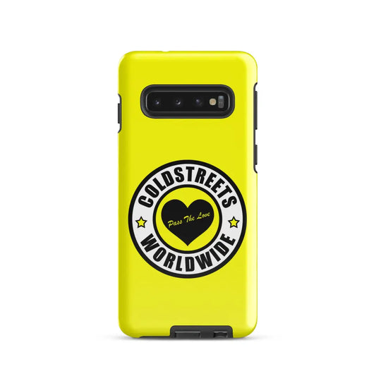 Yellow phone case with Coldstreets Worldwide logo for Samsung Galaxy S20, S21, S22