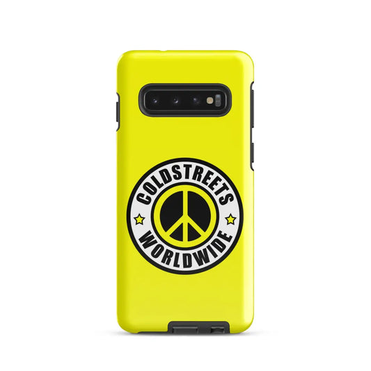 Yellow phone case with black peace symbol for Samsung Galaxy S20, S21, S22 by CS Clothing Co