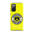 Yellow phone case with Coldstreets Worldwide logo and peace symbol for Samsung Galaxy S20 S21 S22