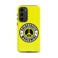 Yellow phone case with Coldstreets Worldwide logo and peace symbol for Samsung Galaxy S20 S21 S22