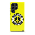 Yellow phone case with Coldstreet’s Worldwide logo and peace symbol for Samsung Galaxy S20