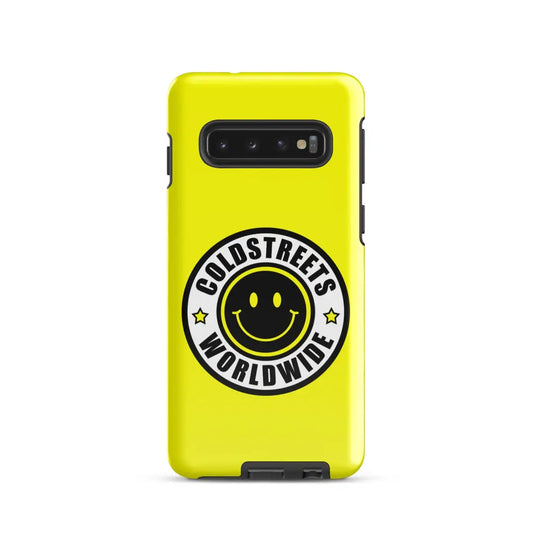 Yellow phone case for Samsung Galaxy S20, S21, S22 with Coldstreets Worldwide logo