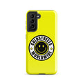 Yellow phone case for Samsung Galaxy S20, S21, S22 with smiley logo and Coldstreels Worldwide