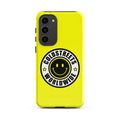 Yellow phone case with smiley logo for Samsung Galaxy S20, S21, and S22 models