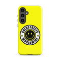 Yellow phone case for Samsung Galaxy S20, S21, S22 with smiley logo and Coldstreets Worldwide