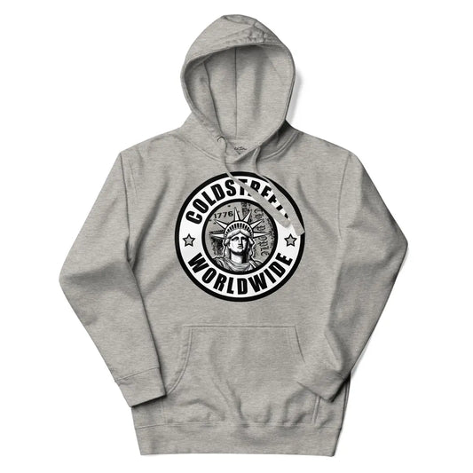 Grey hooded sweatshirt with Colostpex Worldwide logo and Statue of Liberty in carbon grey white