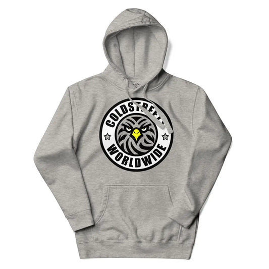 Grey hooded sweatshirt with Goldspex Worldwide logo in Carbon Grey White color