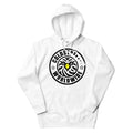 White hoodie featuring a black Colostomy Worldwide logo from CS Clothing Co