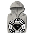 Grey hoodie with Streets Worldwide logo, featuring heart and stars, in carbon grey white