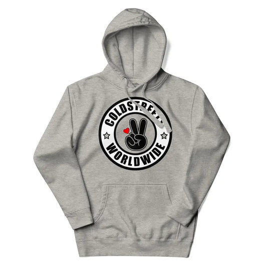 Grey hooded sweatshirt with Coldpeek Worldwide logo in carbon grey white color