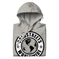 Grey hoodie with Streets Worldwide logo featuring globe and stars in carbon grey white