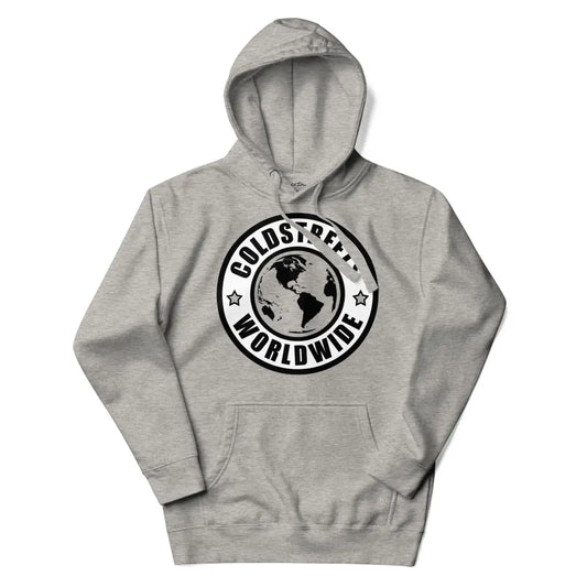 Grey hooded sweatshirt with Colostpro Worldwide logo for carbon grey white fashion