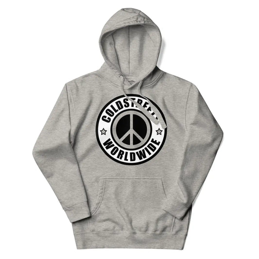 Grey hooded sweatshirt with peace logo, Coldpeace Worldwide, in carbon grey white