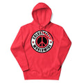 Red hoodie featuring Coldpeace Worldwide peace sign logo design by CS Clothing Co