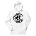 White hoodie with black peace sign logo and COLOSSAL WORLDWIDE text from CS Clothing Co