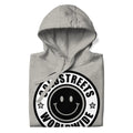 Grey hoodie with black and white smiley logo design, STREETS WORLDWIDE by CS Clothing Co