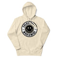 Cream-colored hoodie with black smiley logo and COLDEST WORLDWIDE, perfect for carbon grey white style