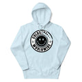 Light blue hoodie with black smiley logo and COLDEST WORLDWIDE design from CS Clothing Co