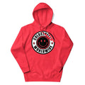 Red hoodie featuring Coldsteps Worldwide logo in carbon grey white design by CS Clothing Co