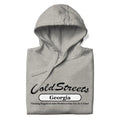 Light gray hooded sweatshirt with Cold Streets Georgia text, ideal in carbon grey white