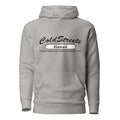 Light gray hooded sweatshirt with ColdStreets Hawaii text in carbon grey white design