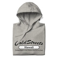 Light gray hooded sweatshirt with Cold Streets Hawaii text, perfect for grey white sky days