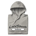 Light gray hooded sweatshirt with Cold Streets Indiana text, perfect for a dusty rose team