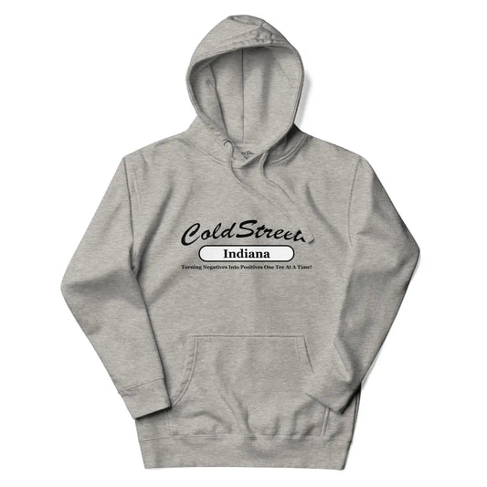 Gray hooded sweatshirt with Cold Street Indiana print in carbon grey white color