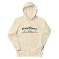 Cream-colored hoodie sweatshirt with Cold Street Iowa text from CS Clothing Co. in dusty rose team